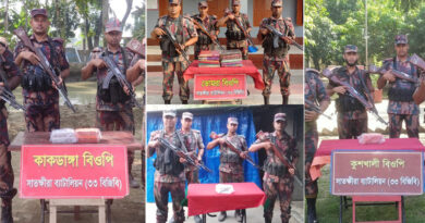 সীমান্তে বিজিবির অভিযানে ফেনসিডিল, ভারতীয় মদ ও ১২ লক্ষাধিক টাকার চোরাচালানী মালামাল জব্দ